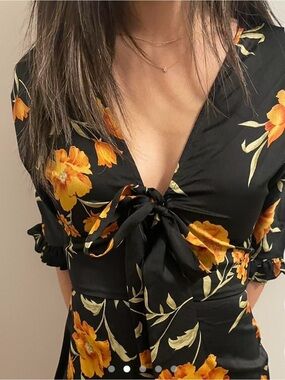 Black Mini Dress with Yellow Floral Print and Front Tie